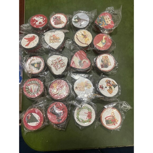 RARE Vintage Wooden Christmas Ornaments NOS Set of 20 w/ Westminster Holiday Tin - Picture 1 of 12